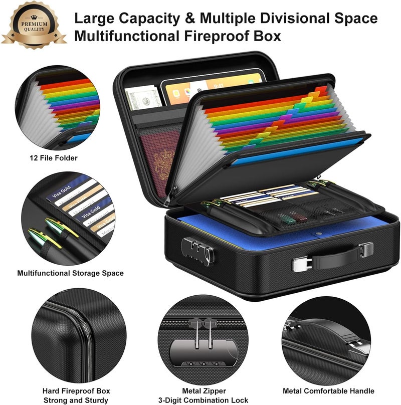 COLCASE صندوق مستندات مقاوم للحريق، صندوق صلب مقاوم للحريق مع قفل تصميم صلب مقاوم للحريق وماء صندوق آمن منظم للملفات للمستندات المهمة والشهادات والكمبيوتر المحمول وجوازات السفر باللون الأسود - Image 4